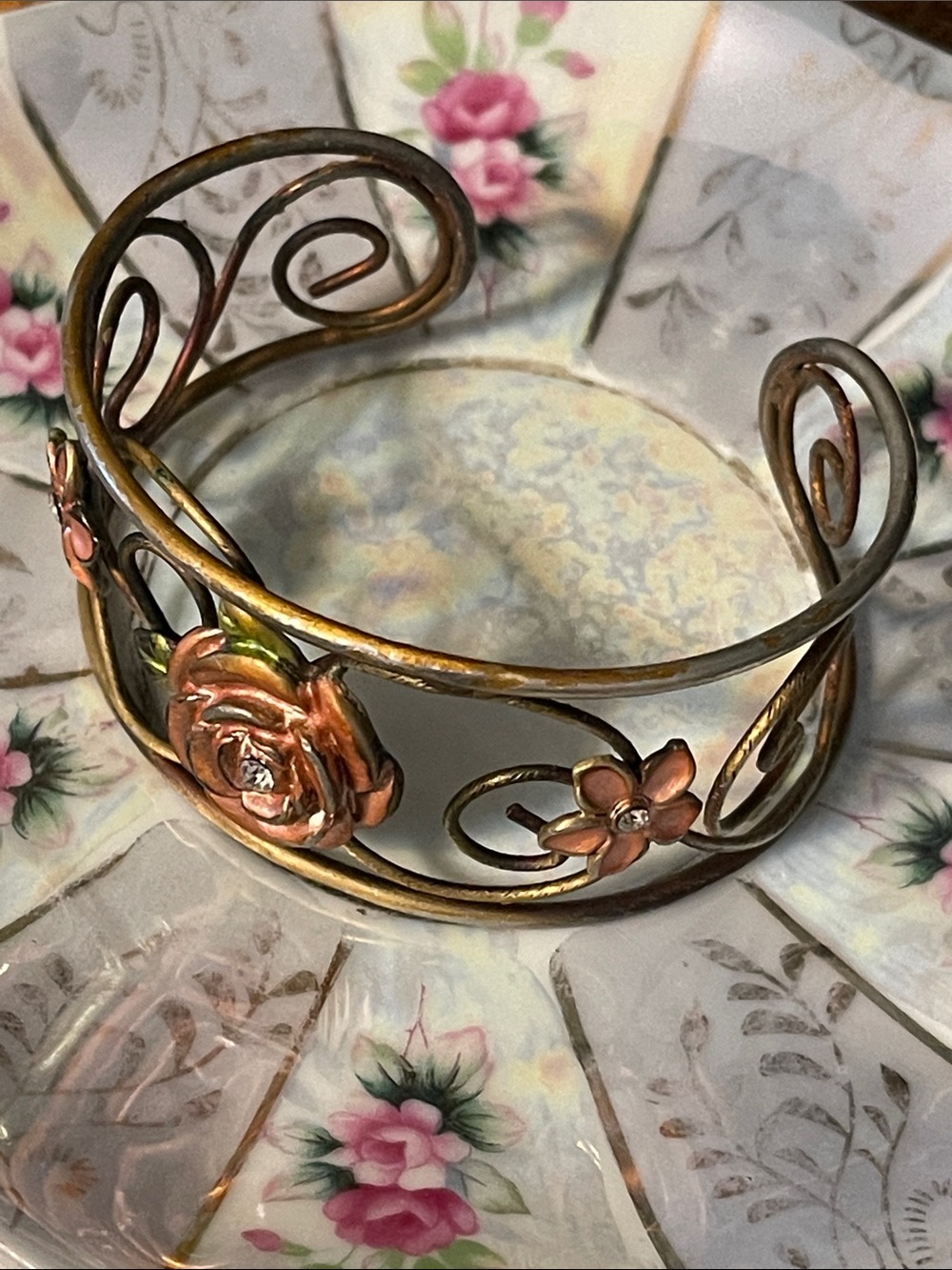 Vintage Multi-Tone Openwork Floral Cuff Bracelet